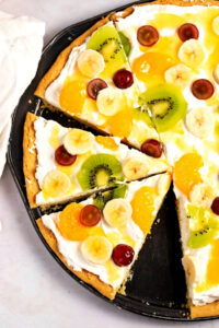 Homemade Fruit Pizza with Kiwi, Bananas, Grapes and Oranges