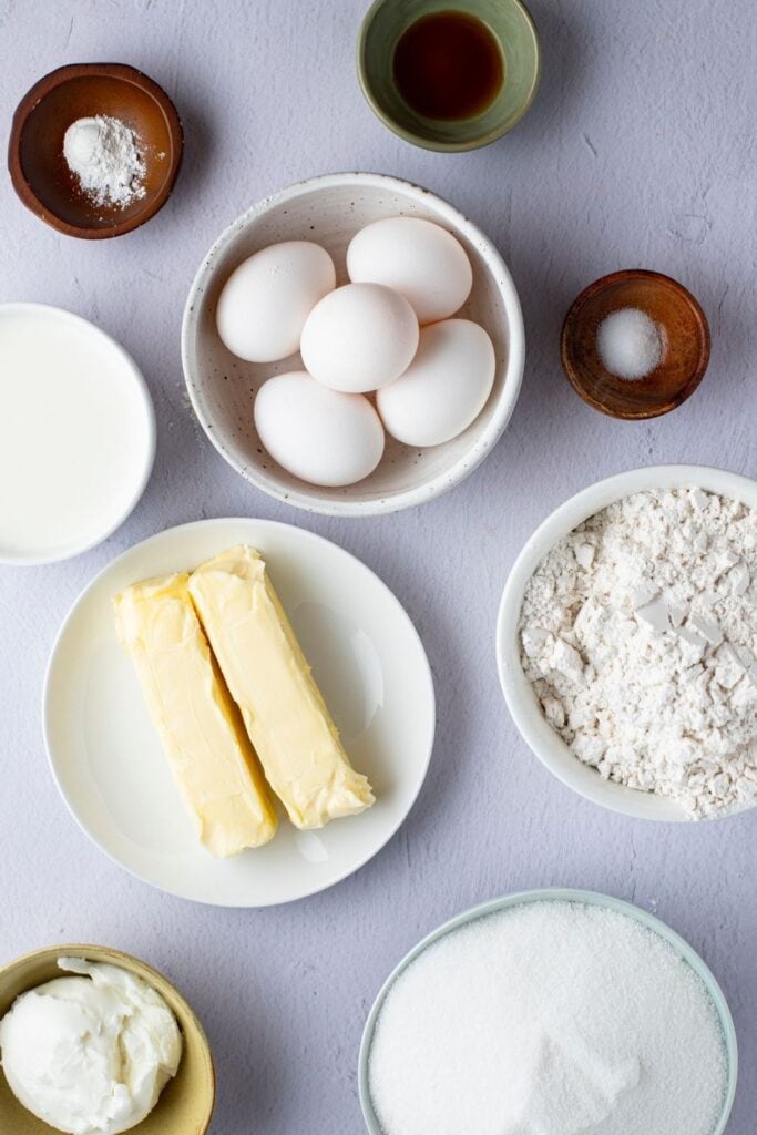 Pound Cake Ingredients: Butter, Sugar, Flour, Eggs and Vanilla Extract